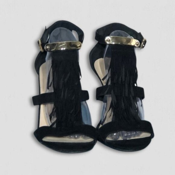 Torrid Faux Suede Boho Fringe Sandals Ankle Strap Black Gold Accent Black sz 10 - Picture 1 of 7